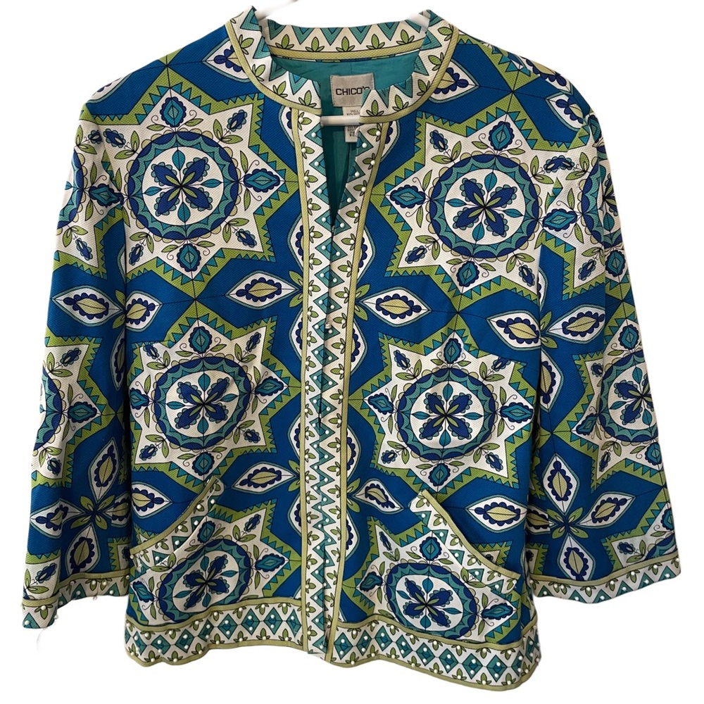 Chico's Teal and White Leaf Print‎ Jacket
